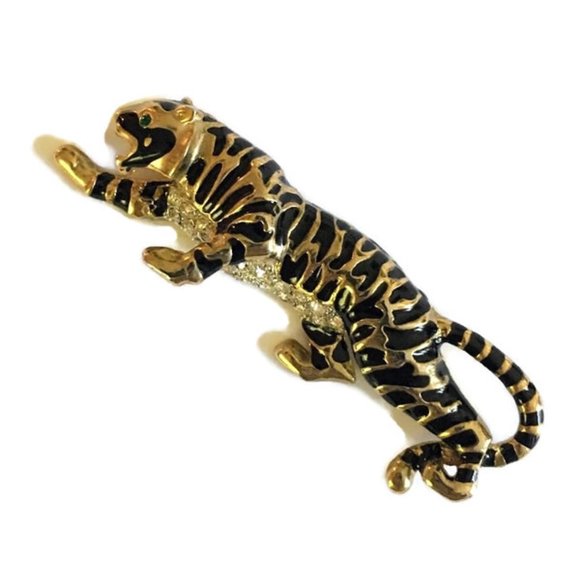 Vintage CRAFT Rhinestone Tiger Brooch Signed  Figural pin Gold and Black - Picture 1 of 9